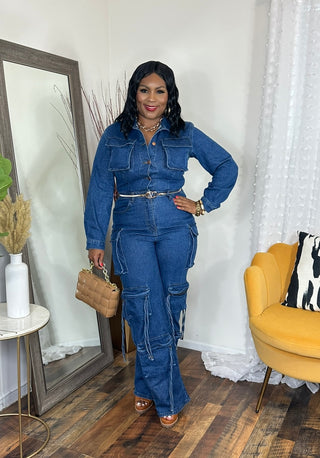 Safari denim cargo jumpsuit (up to 3X