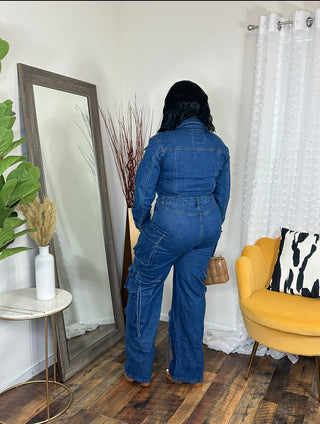 Safari denim cargo jumpsuit (up to 3X